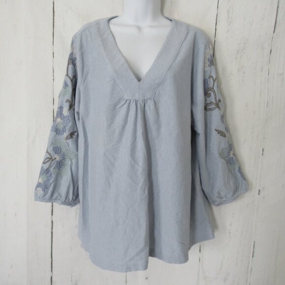 J Jill Top 2X Blue Stripe Floral Embroidered 3/4 Sleeve V Neck Plus Size Boho - Picture 1 of 8